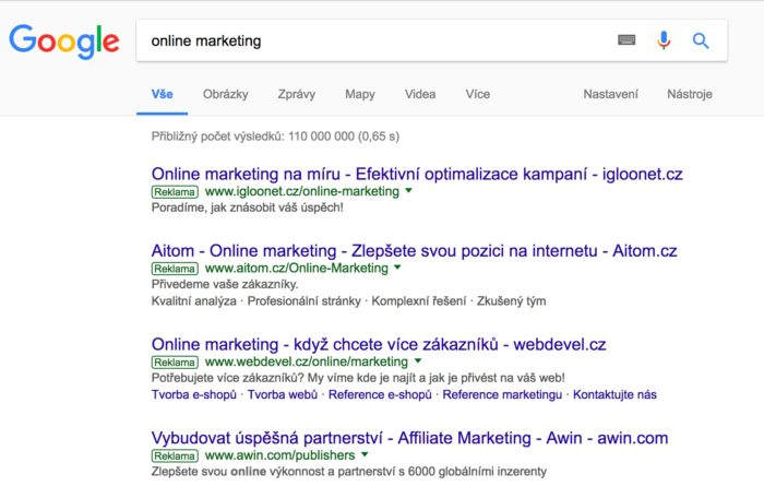 Vzhled reklamy ve vyhledávání Google