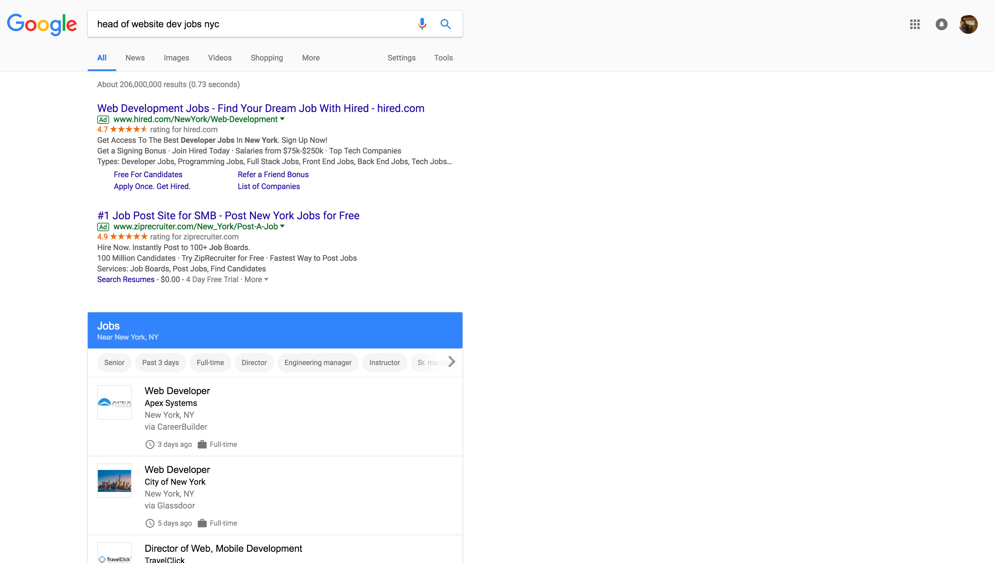 Ukázka pracovní pozice ve vyhledávání Google