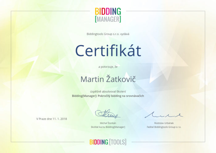 Certifikát pokročilého Biddingu od BiddingManageru