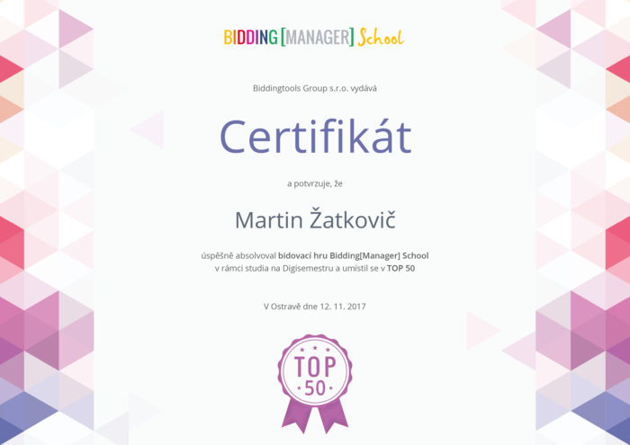 Certifikát BiddingManager School Martin Žatkovič